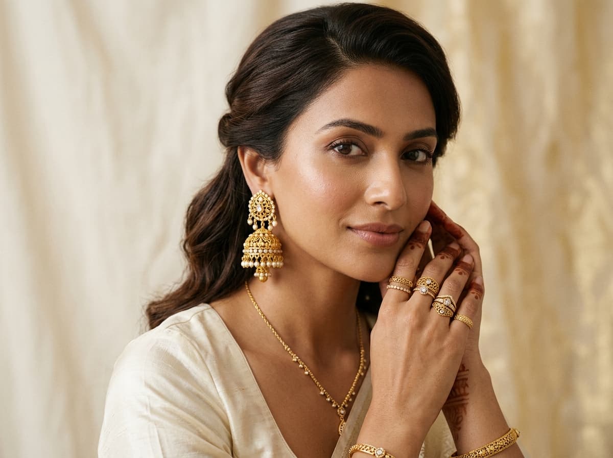 Our Promise - Model Wearing Gold Jhumka Earrings and Rings