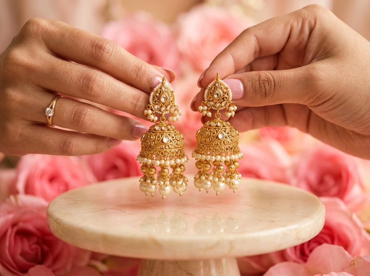 Our Promise - Gold Jhumka Earrings Held on Marble Pedestal