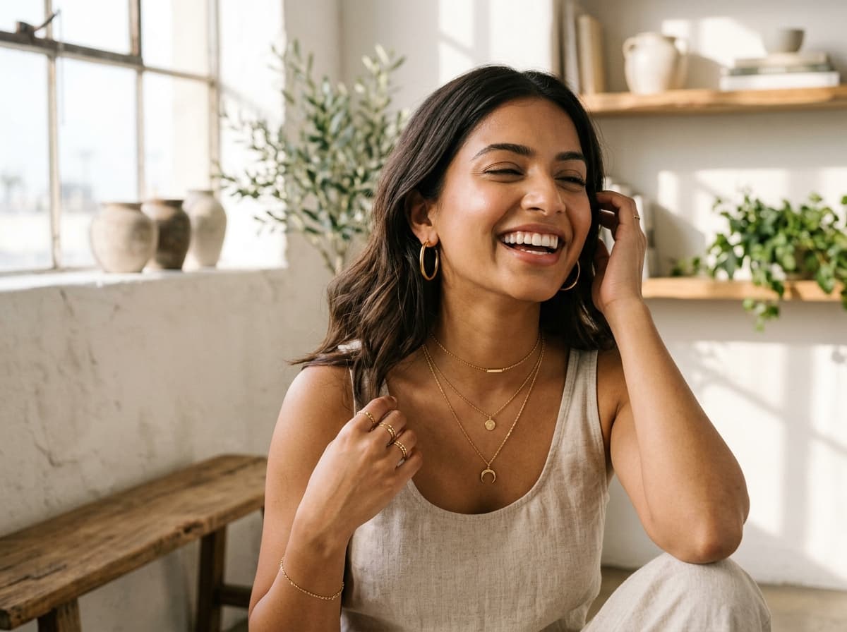 Your Style. Your Story - Young Woman Layering 18k Gold Chains and Hoops
